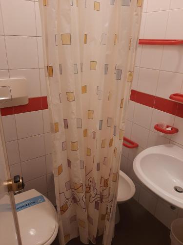 a bathroom with a toilet and a sink at Hotel Niagara Rimini in Rimini