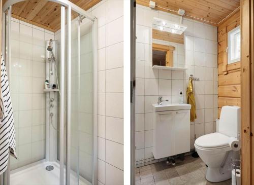 two images of a bathroom with a toilet and a shower at VAR726-Filipstad-Vintersjoebryggan-1 in Kosundet