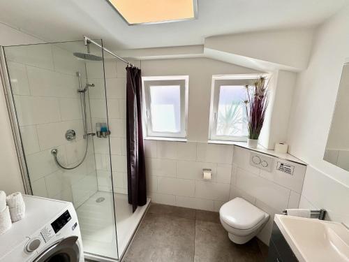 a bathroom with a shower and a toilet and a sink at Komfort Oase mit Klimaanlage, Terrasse und Whirlpool in Stuttgart