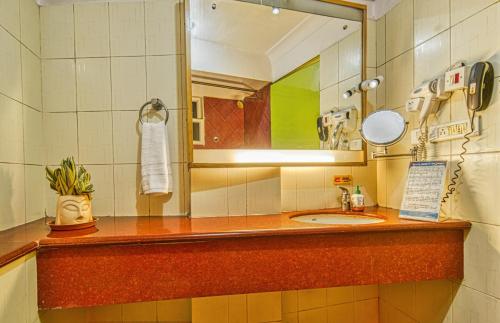 a bathroom with a sink and a mirror at Parklane Hotel in Mysore
