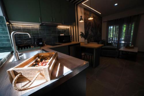 a kitchen with a counter with a box of rocks in it at Coloris Viridis room in Thessaloniki