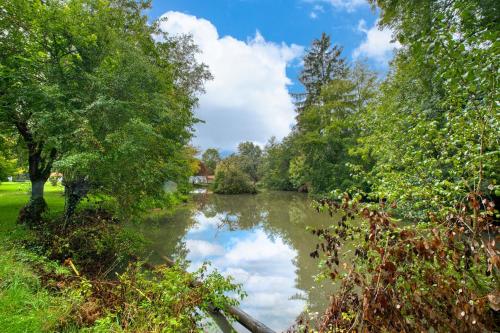 a river with trees and clouds in the water at Gite Le Pont in Varaignes