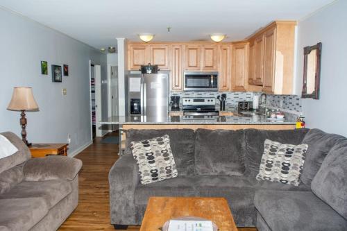 a living room with a couch and a kitchen at Winterplace Ski In Ski Out First Floor D104 in Ghent