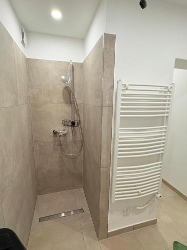 a shower with a glass door in a bathroom at Familienapartment in Bad Orb