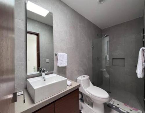 a bathroom with a sink and a toilet and a mirror at Casa villas del invernadero in Veracruz