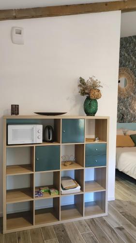 ein Bücherregal mit einer Mikrowelle in einem Zimmer in der Unterkunft Studio Grimm - Tiny House in Le Cellier