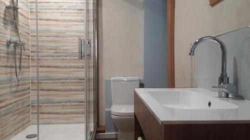 a bathroom with a toilet and a sink and a shower at Le Rockin' Chair in Surzur