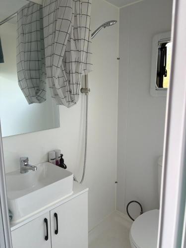 a white bathroom with a sink and a shower at Taree CBD Tiny backyard POD in Taree
