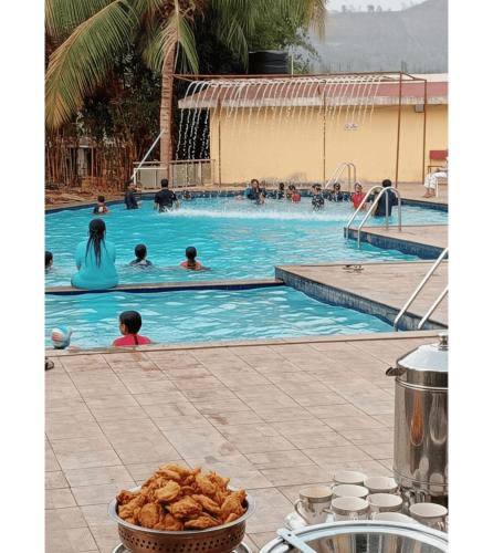 a pool with people in the water and a bowl of food at Kamal bliss resort in Karjat