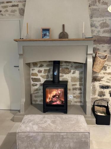 Saint-Albanにあるla maison Albanaiseのリビングルーム(暖炉、コンロ付)