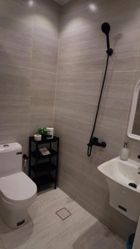 リヤドにあるشقة استديو حي الوزاراتのバスルーム(トイレ付)、壁にカメラが備わります。