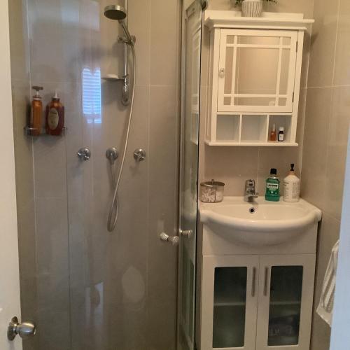 a bathroom with a shower and a sink at Holiday house in Nelson Bay