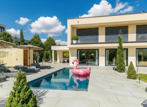 a swimming pool with a pink flamingo in front of a house at Palazzo Verde in Würzburg in Würzburg