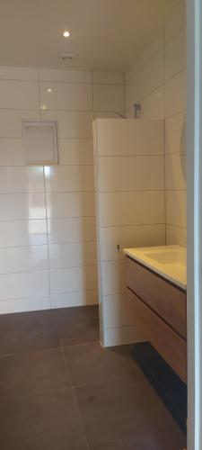 WijsterにあるVakantiehuis met prachtig uitzichtのシンクとカウンターのある小さなキッチン