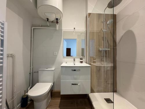 a bathroom with a toilet and a sink and a shower at Bright studio - great for a stay in Ecully in Écully