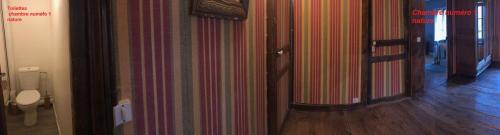 a hallway with a toilet and a striped wall at La Ferme Des Vignes in Hotot-en-Auge