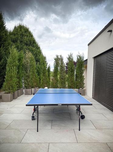 a blue ping pong table sitting on a patio at Palazzo Verde in Würzburg in Würzburg