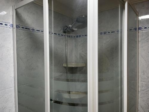 a shower with a glass door in a bathroom at Acogedor Apartamento en Cudillero in Cudillero