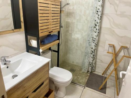 Un baño con inodoro, lavabo y ducha. en Maison Zen avec jacuzzi privatif, en Étang-Salé