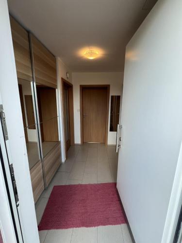 a hallway with a door and a red rug at Studio Lissa u Prahy in Lysá nad Labem