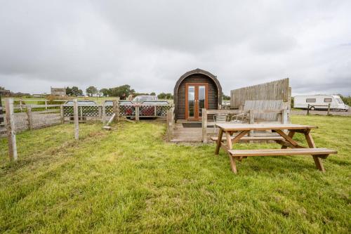 a wooden cabin with a picnic table and a bench at Unit 4 - Skiddaw View Camping Pod in Carlisle