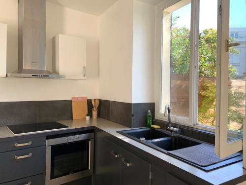 ヴィリー・シャティヨンにあるCharming Home with Garden and Terrace near Parisのシンクと窓のあるキッチン