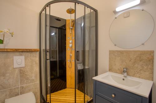 a shower in a bathroom with a sink and a mirror at STUDIO ECUYER centre historique in Sarlat-la-Canéda