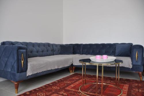 Appartement avec Jardin في لا فيرْت-سو-جوار: أريكة زرقاء في غرفة المعيشة مع طاولة