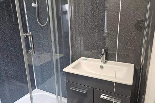 a bathroom with a shower with a sink and a shower at Studio - Sleeps 2 - Parking - WiFi in Bridgend