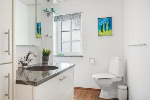 a white bathroom with a sink and a toilet at Vrenstedvej 21A in Løkken