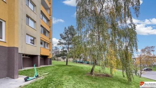 a tree in a yard next to a building at Tichý apartmán Dúbravka in Petržalka