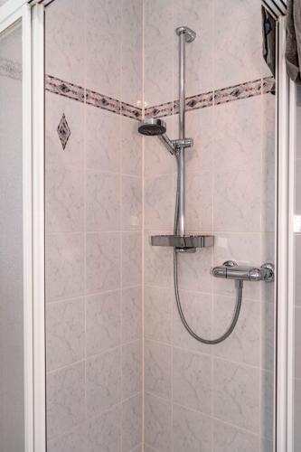 a shower with a shower head in a bathroom at Studio mit Terrasse bei Frankfurt in Bad Vilbel