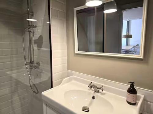 a bathroom with a sink and a shower and a mirror at Playa Sardinero Little Homes 4 in Santander