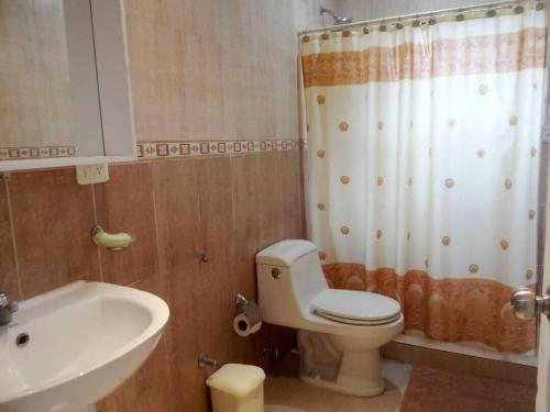 a bathroom with a toilet and a sink and a shower at Vacation home in an exclusive private development in Higuerote
