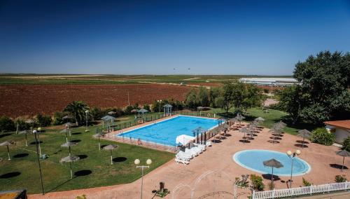 an overhead view of a swimming pool with chairs and umbrellas at Hotel Acosta Vetonia in Almendralejo