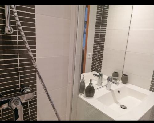 a bathroom with a sink and a shower at Maison mitoyenne 700m de la plage parking privé in Saint-Georges-de-Didonne