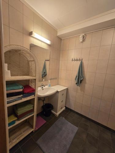 a bathroom with a sink and a mirror at Brendefur Panorama in Hornindal