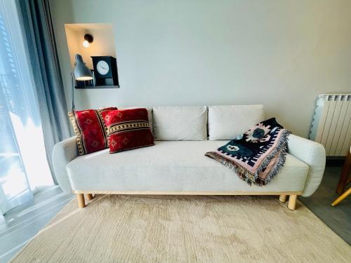 a couch with pillows on it in a living room at Blueyes House Tuscany in Montespertoli