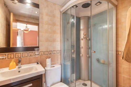 a bathroom with a shower and a toilet and a sink at El Rellano in Maluenda