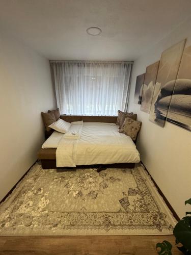 a bedroom with a bed with a rug on the floor at Central main street apartament in Vişeu de Sus
