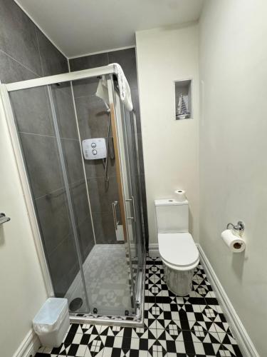 a bathroom with a shower and a toilet at Unit 2 Island View Apartments With Stunning Harbour View in Cobh