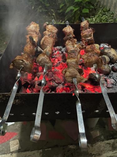 a bunch of meat cooking on a grill at House - Kutaisi International Airport 15 Minutes, Samtredia Kulashi 15Tamar Mepe Street in Samtredia