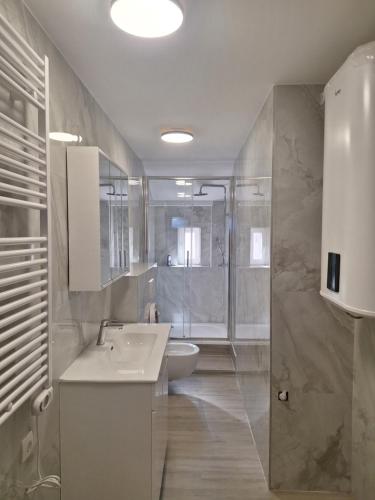 a bathroom with a sink and a toilet and a shower at Studio Apartmani in Rijeka