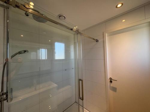 a shower with a glass door in a bathroom at Enkhuizer Strand Chalet IJsselmeerblick Zweite Reihe mit Zaun Haus Nr 221 in Enkhuizen