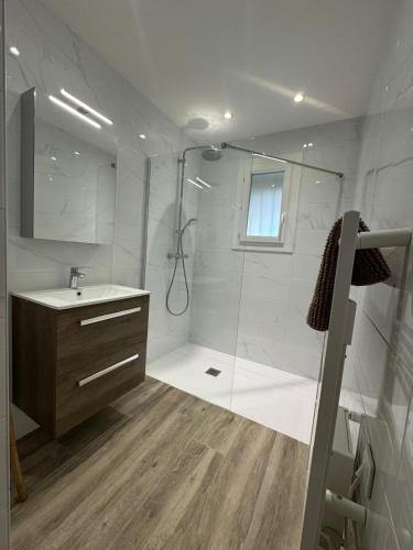 a bathroom with a shower and a sink at Villa Maeva Florensac in Florensac