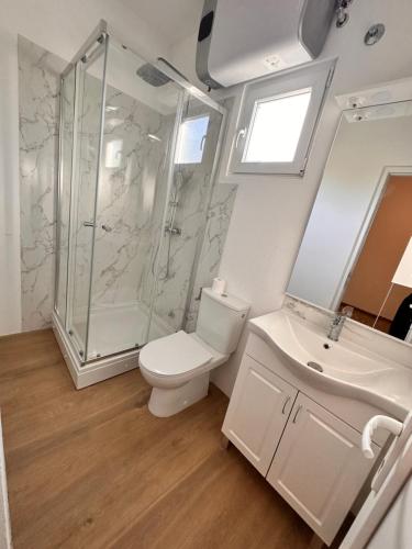 a bathroom with a shower and a toilet and a sink at Luna Blue Ada in Donji Štoj
