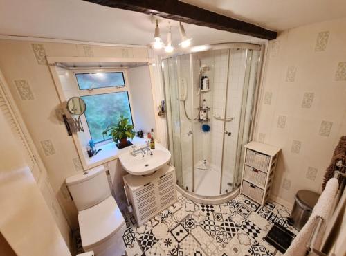 un baño con ducha y lavabo en Rock Cottage, en Isle of Arran