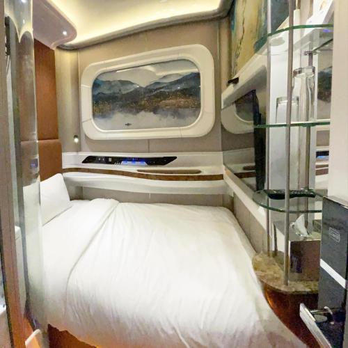 a room with a bed and a window on an airplane at Bahrain Airport Hotel Airside Hotel for Transiting and Departing Passengers only in Muharraq