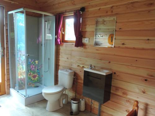 y baño con aseo, ducha y lavamanos. en Vosges Chambres d'hotes en Jeanménil
