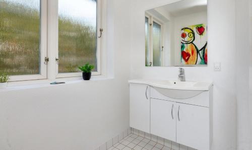 un bagno bianco con lavandino e specchio di Holiday Home With Hot Tub And Offers Many Activities! a Debel